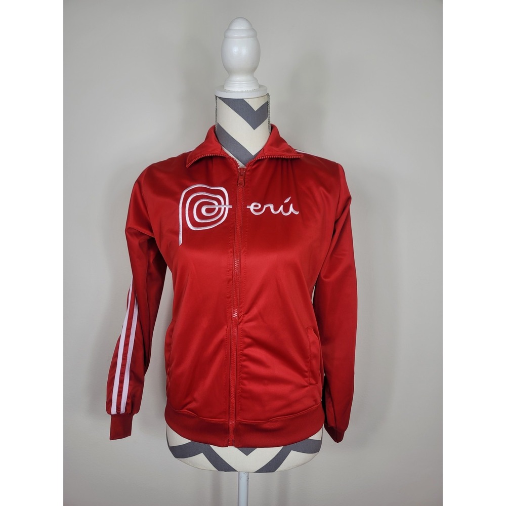 Peru Peruvian Track Jacket Sz S Red White Full Zip Embroidered Women's Cropped